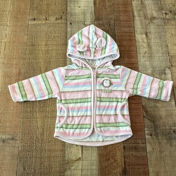 Carter's pink and green striped fleece zip up jacket with winter penguin infant - Picture 1 of 7